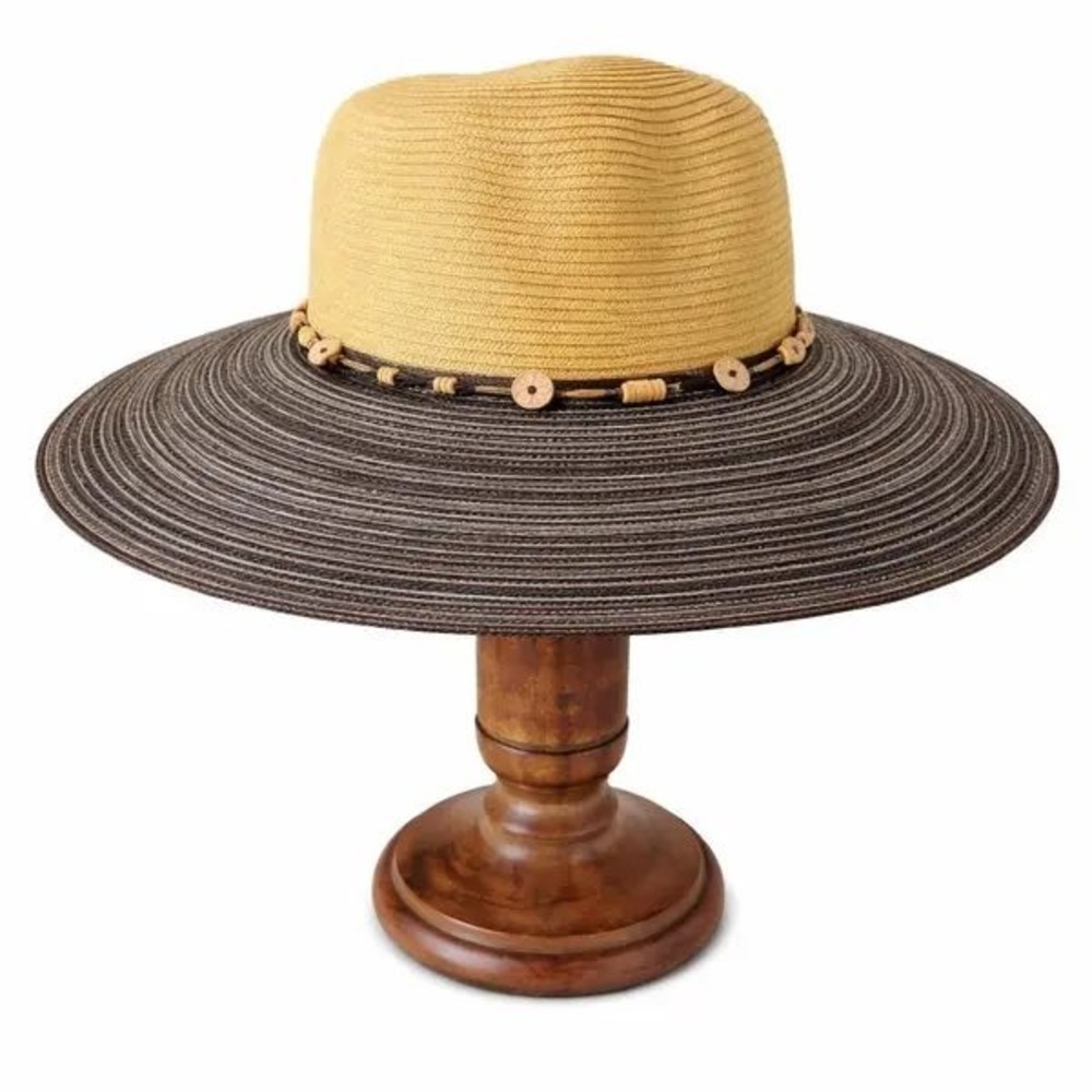 Kallina Sun Hat Tan Blue UPF 50+ Beaded Butterfly Wide Brim Coastal Beach Resort